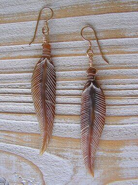 Delicate Hand-carved Feather Earrings in Amber Horn with Gold Fill Finishes